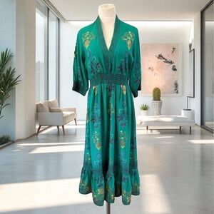 New! OLIPHANT v-neck smocked waist maxi dress goldenrod green size Medium